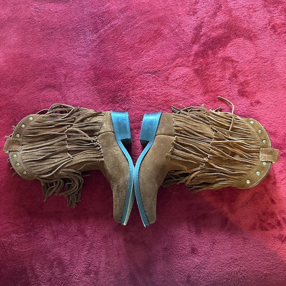Kids Brown Suede Fringe Cowboy Boots Studded Western Mid Calf Size 1 - Picture 5 of 14